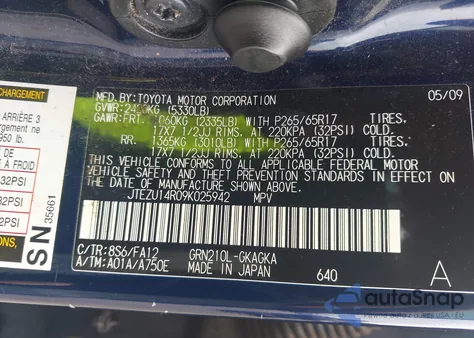 2009 Toyota 4Runner Sr5 V6 из США, поврежденный, VIN JTEZU14R09K025942